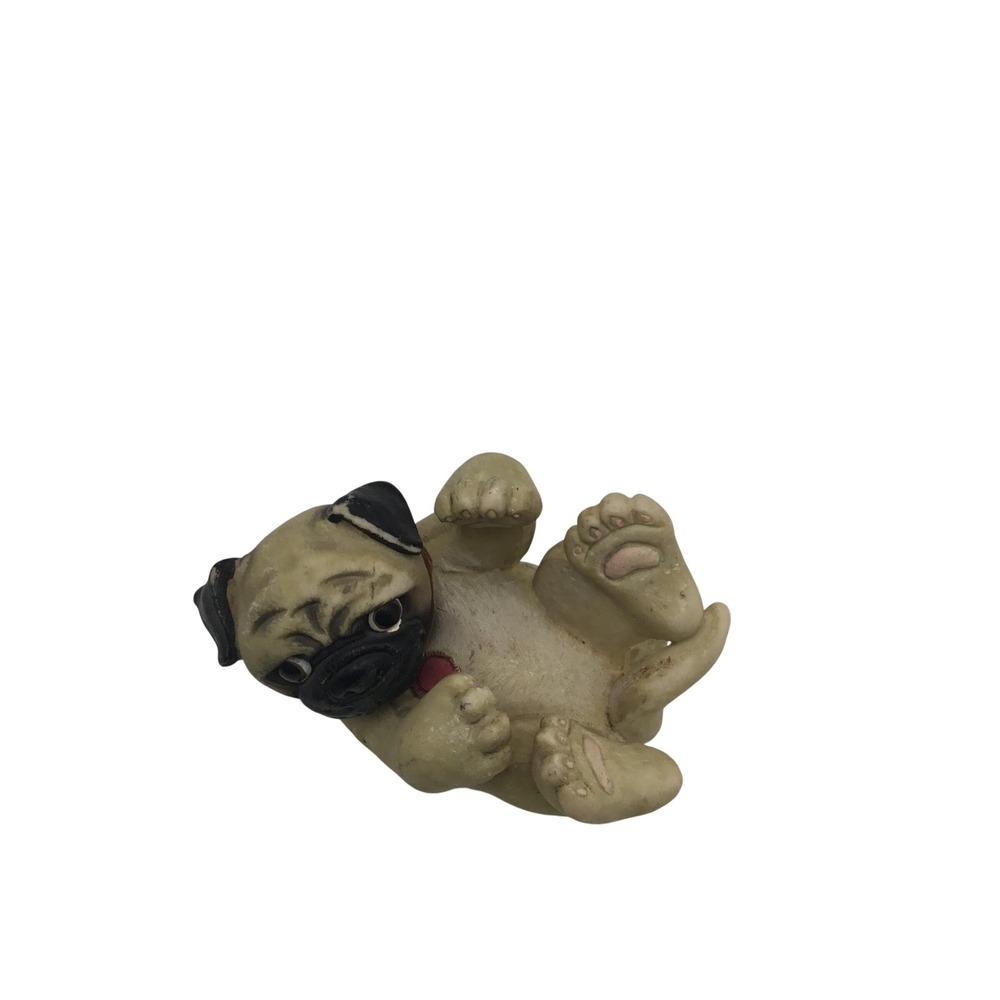 Vintage Pug Dog Figurine Playful Puppy On Back Resin Statue Fawn Black Mask 5in